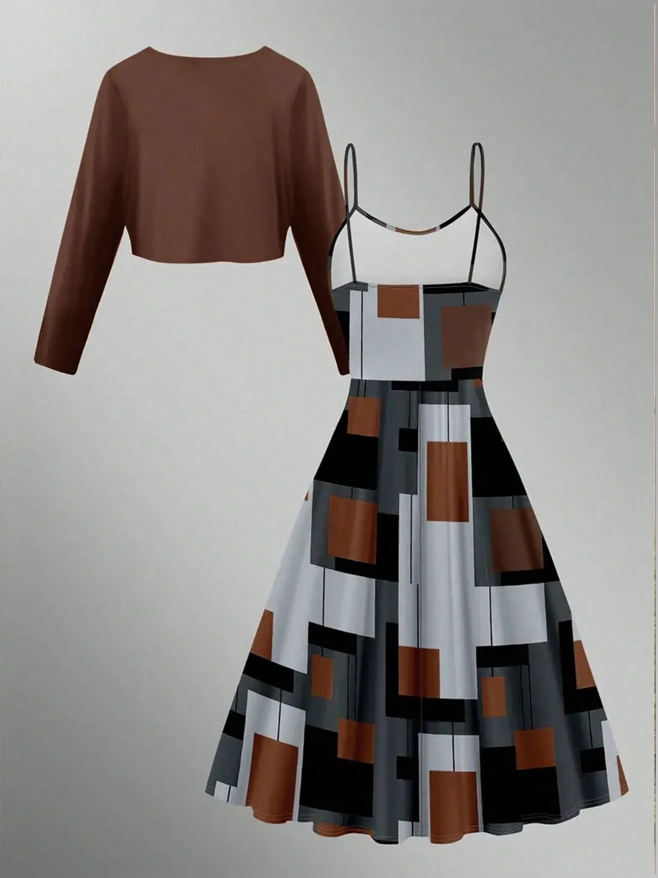 

2pcs Women Minimalist Long Sleeve Jacket And Geometric Print Dress Set Casual Spring Summer