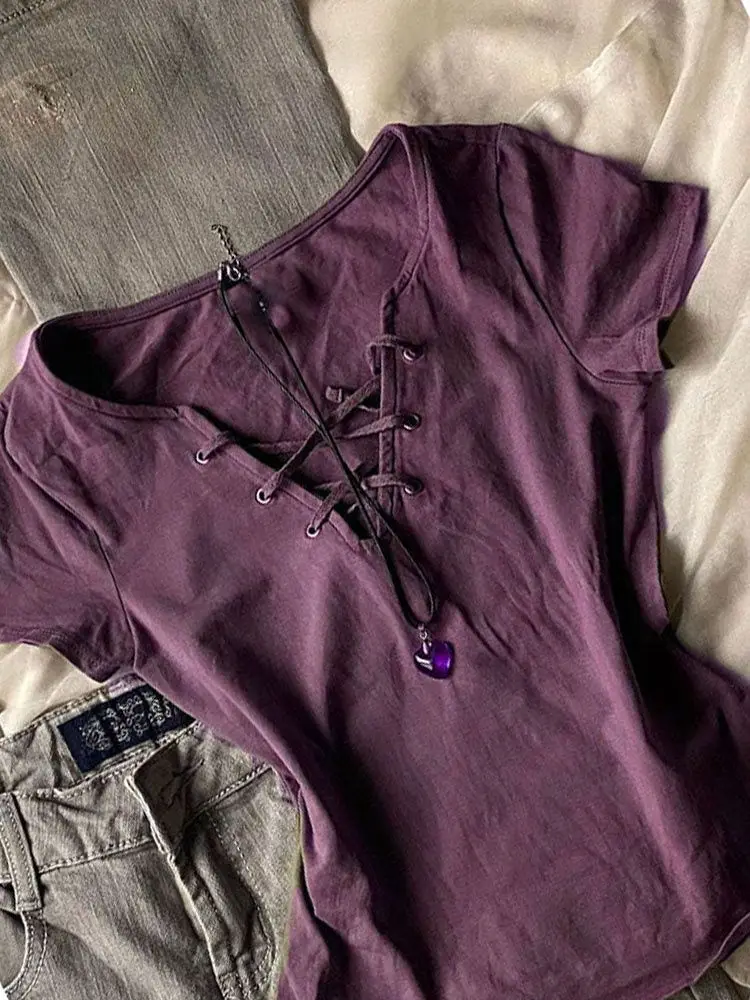 

American summer new retro solid color lace-up short-sleeved T-shirt ins women casual fashion slim waist top trendy