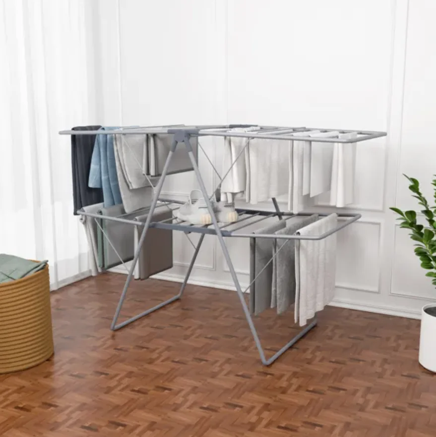 1pc Grey Foldable Clothes Drying Rack Height Adjustable Indoor Outdoor Use