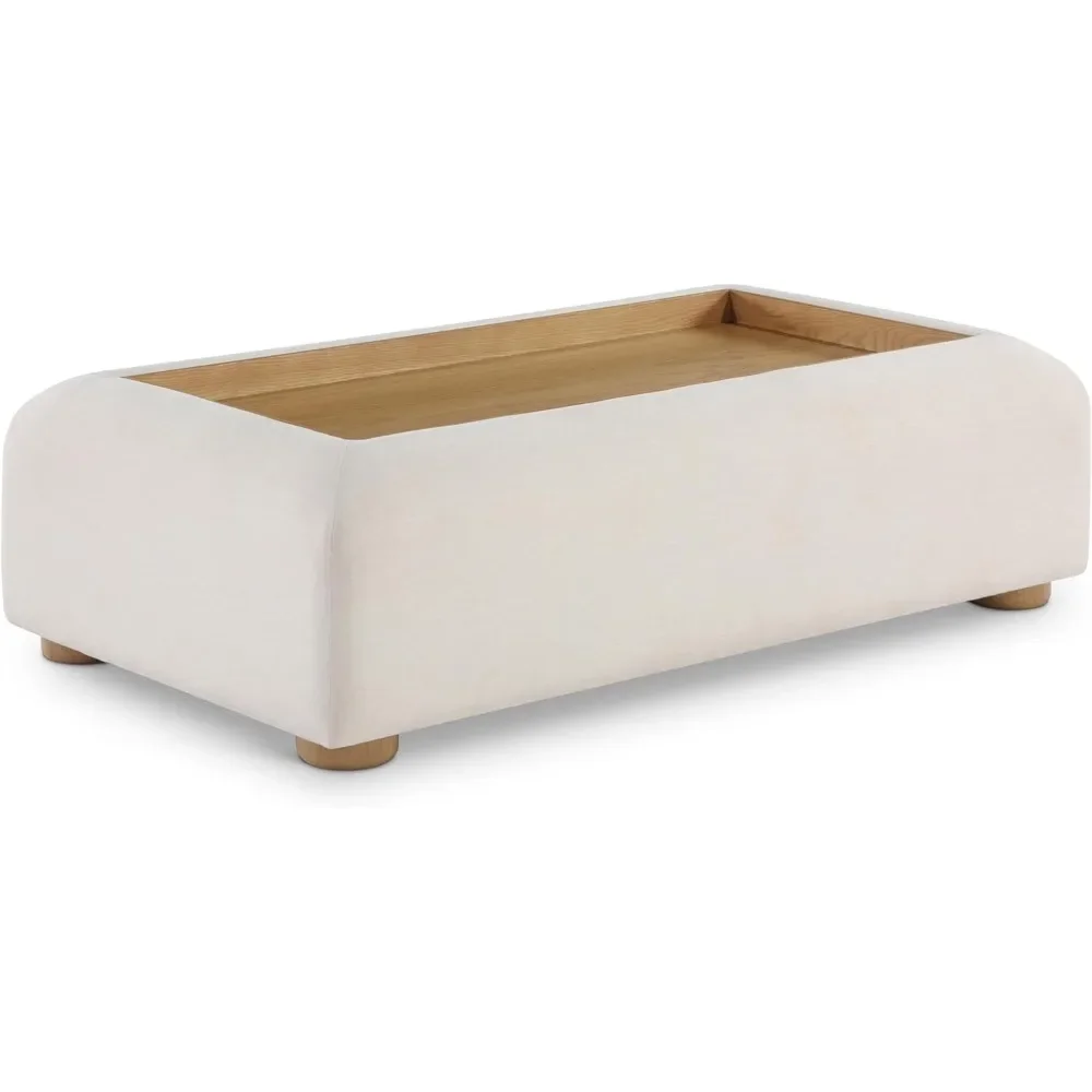 236Natural-C Diana Collection Art Deco Coffee Table with Rich Cream Linen Textured Fabric, Solid Wood Natural Finish,