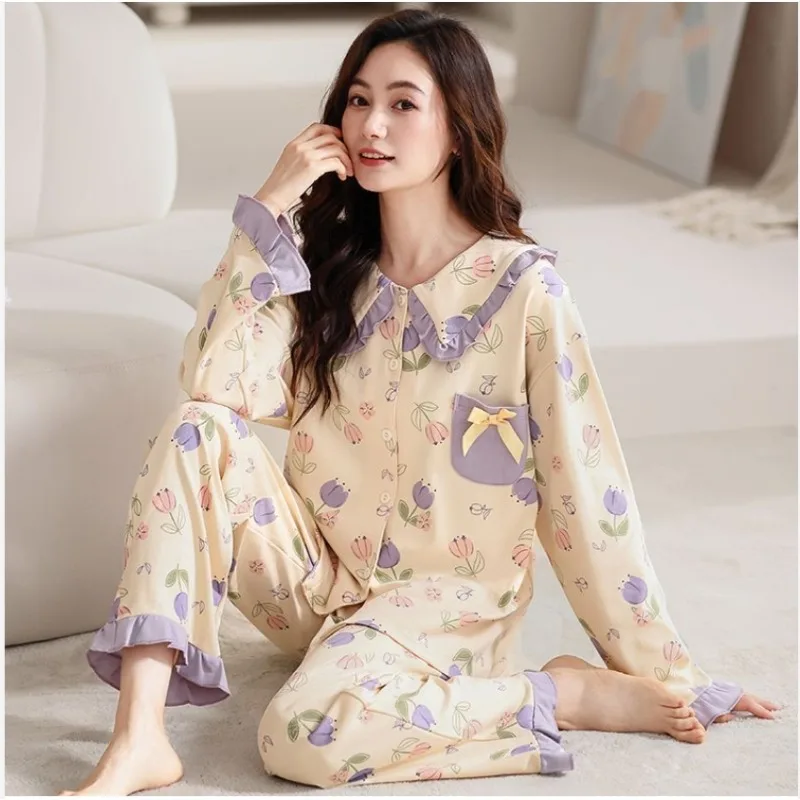 

100% Double-sided Pure Cotton Pajamas Female Spring Autumn Cotton Long Sleeve Can Wear Loose Korean Version Leisure Home Suit