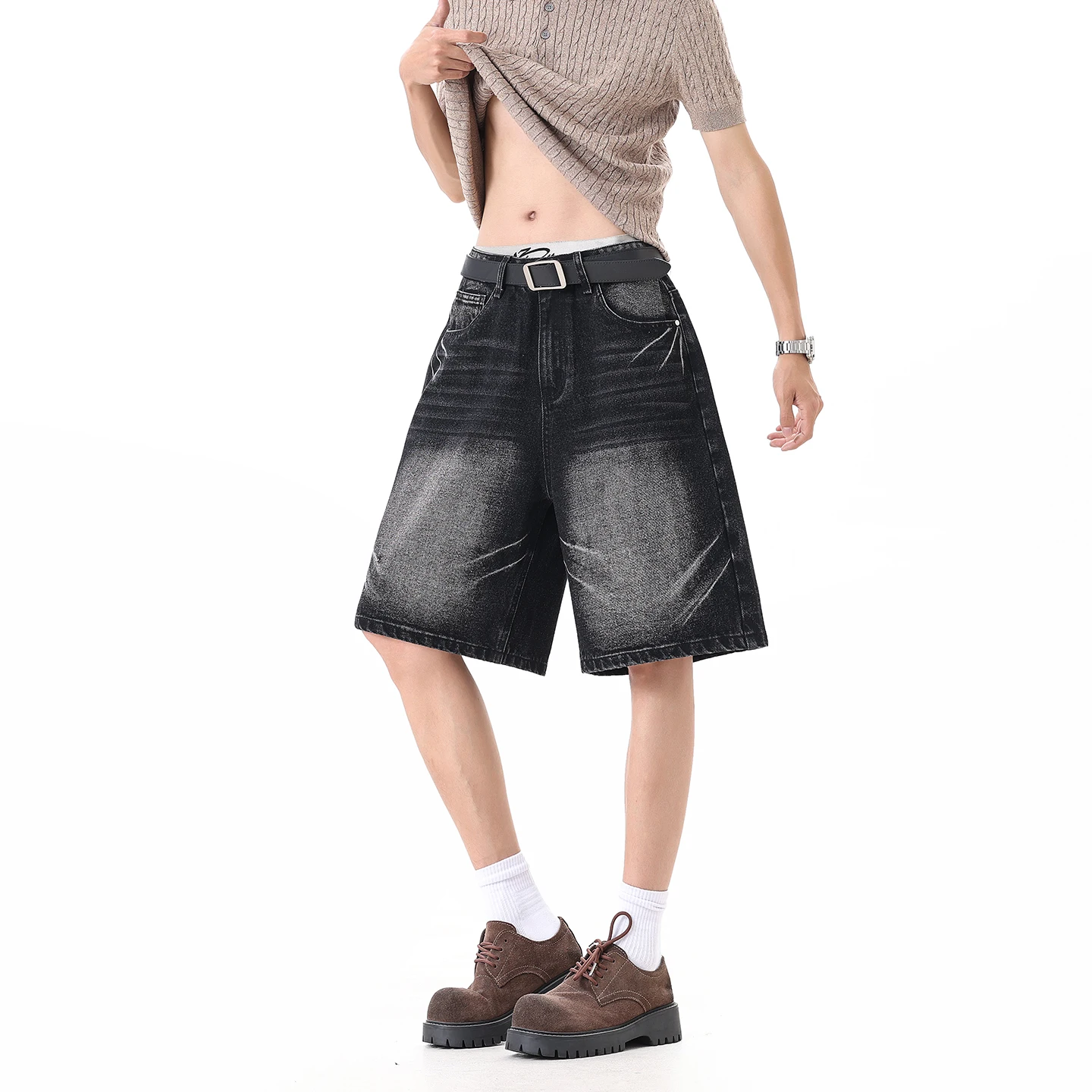

2026 summer brand straight loose American retro mid-waist cotton black denim shorts jeans classic Pleated design men's jorts