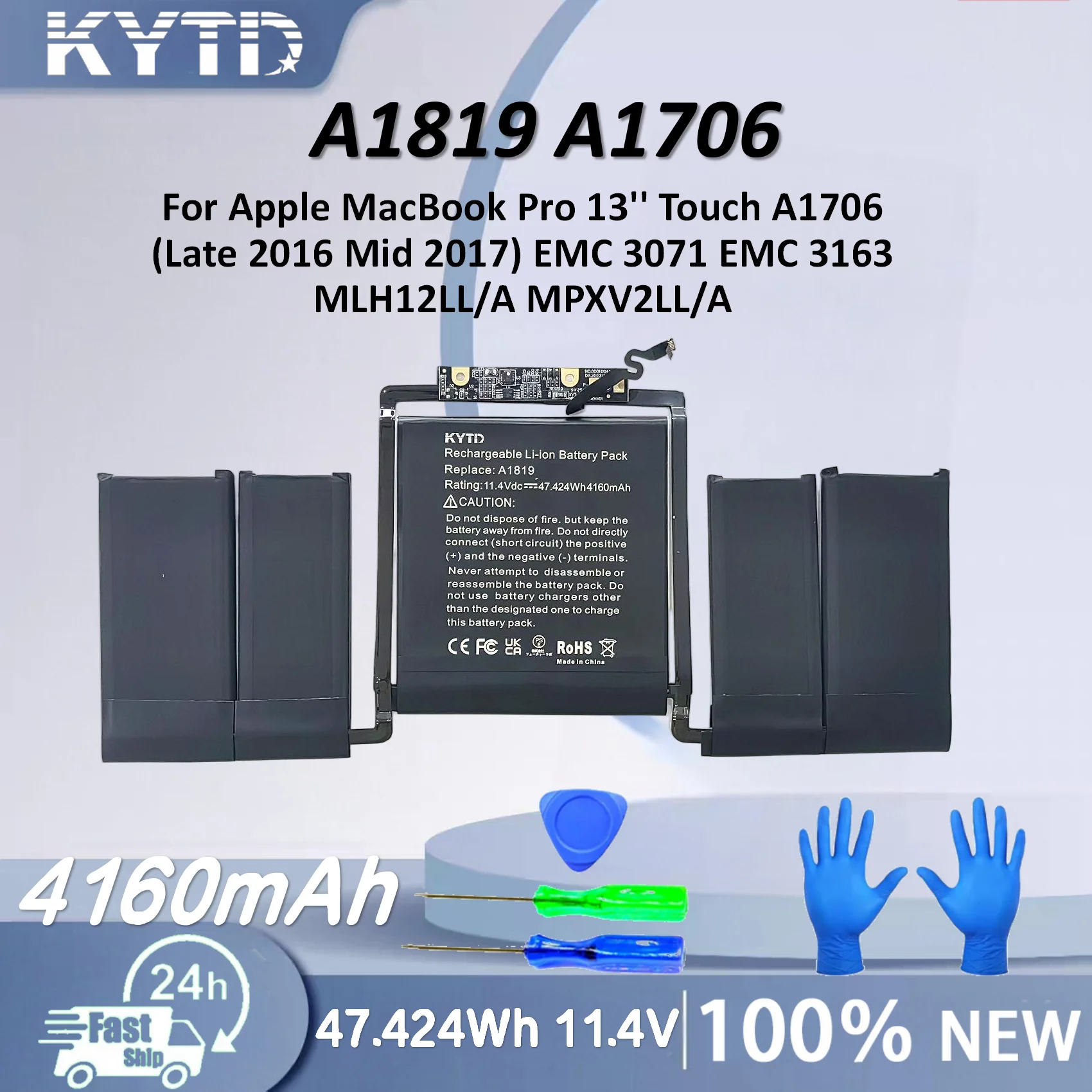 

KYTD A1819 Battery for Apple MacBook Pro 13'' Touch A1706 (Late 2016 Mid 2017) EMC 3071 EMC 3163 MLH12LL/A MPXV2LL/A 47.424WH