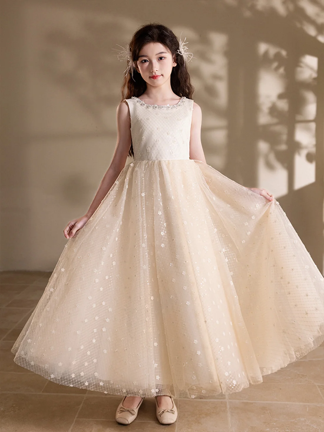Girls Top Neckline 3D Beaded Tulle Flower Girl Dress Eid Dress Small Concert Dress Dress Set / Custom