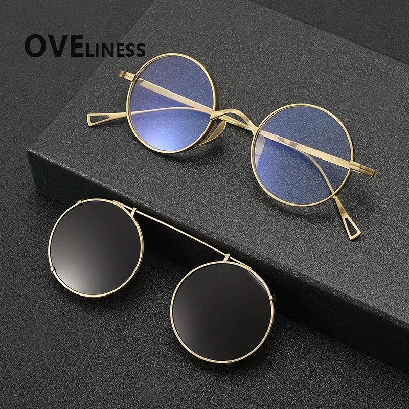 Pure titanium Round Eyeglasses frame men women Brand designer Polarized Magnet Clip glasses frame sunglasses Eyewear spectacles