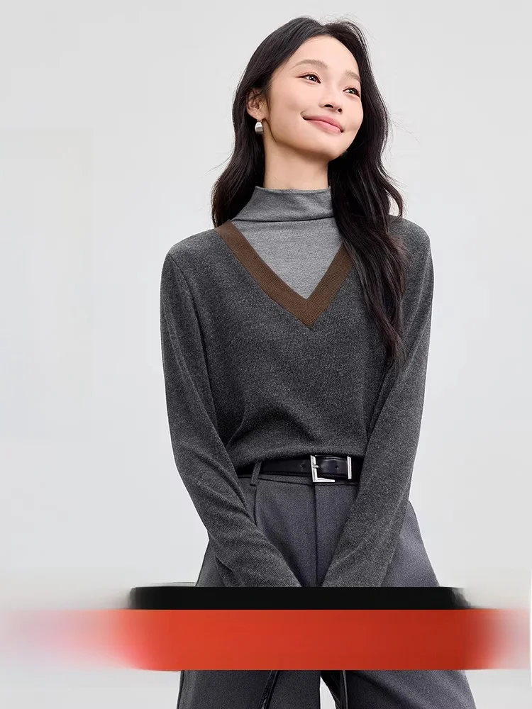 

Женский вязаный длинный свитер све све с высоким воротником, эластичный сращивающийся искусственный комплект из двух предметов, осенний новый дизайн, блузка цвета чувствительности