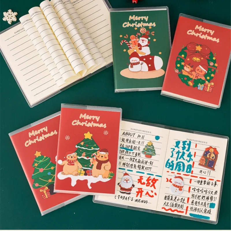 Cute Cartoon Christmas A7 Rubber Sleeve Notebook Kawaii Santa Christmas Elk Tree Stocking Mini Book Xmas Gifts School Stationery