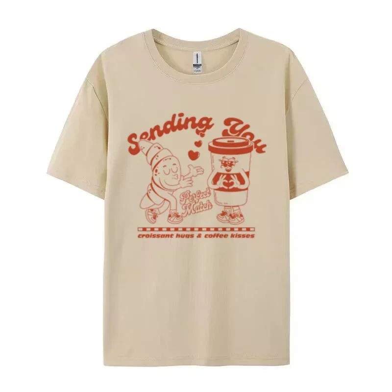 Carino Divertente Colazione Foodie Graphic Top Donna Anni '90 Retro Croissant Caffè Cartoon T-shirt Estetica unisex Amante del caffè Camicia