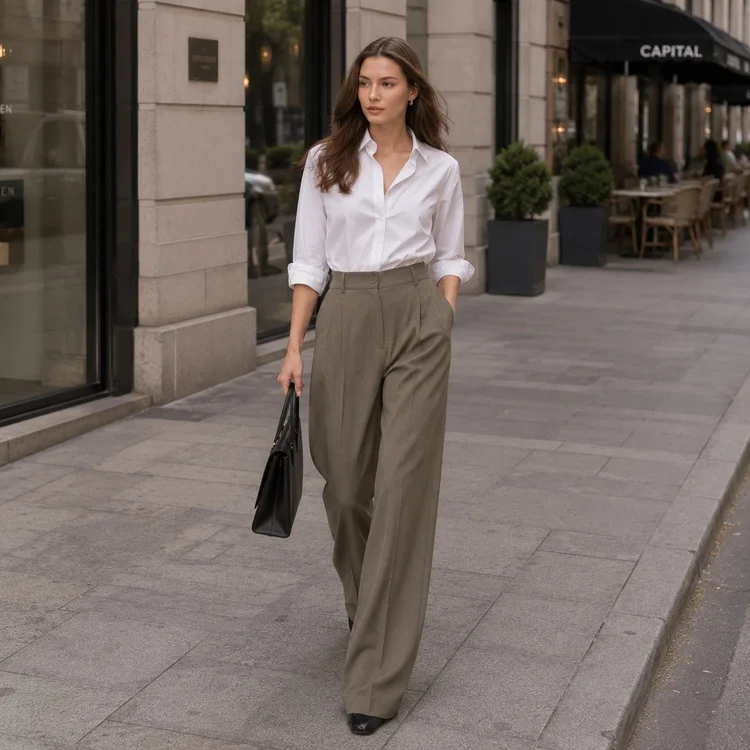 Aliexpress Women's High Waist Wide Leg Pants - Khaki Flowy Palazzo Trousers for Office & Casual Wear, Slimming Long Pants - Aliexpress Deal