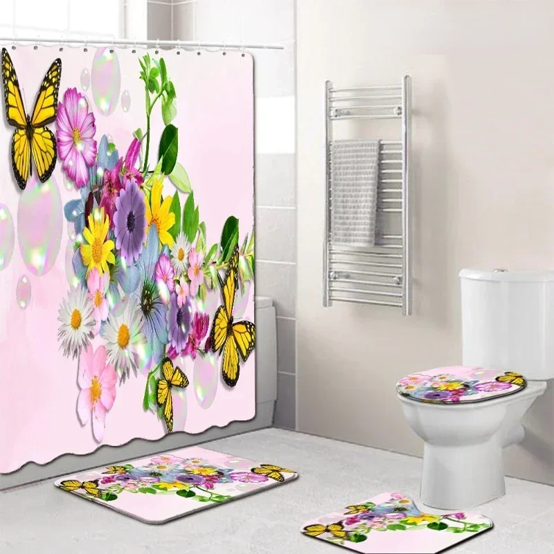 Home Purple Flower Butterfly Waterproof Print Shower Curtain 4 Piece Carpet Cover Toilet  Bath Mat Pad Set Bathroom