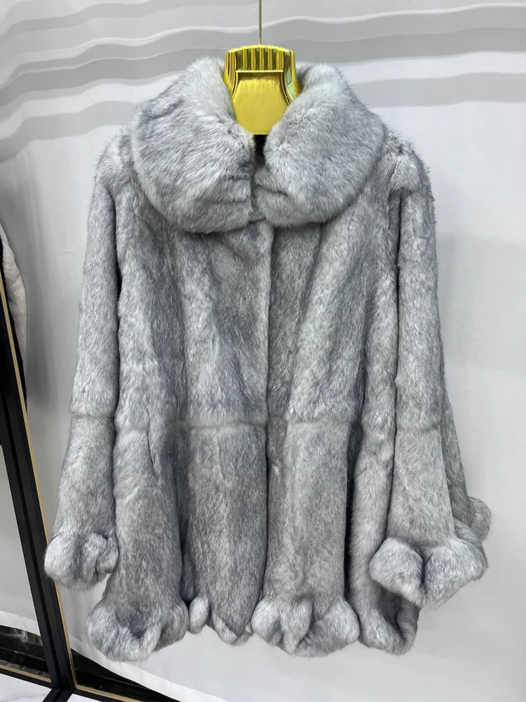 

New Women Winter Natural Rabbit Fur Coat Jacket Real Leather Fur Warm Clothing Mid-length Female Luxury Elegant Outerwears