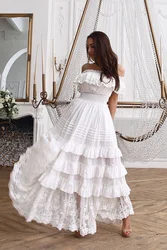 Maxi Dresses for Women Strapless Sexy Off Shoulder White Lace Short Sleeve Slash Neck Boho Beach Cake Dress 2022 Summer Fashion