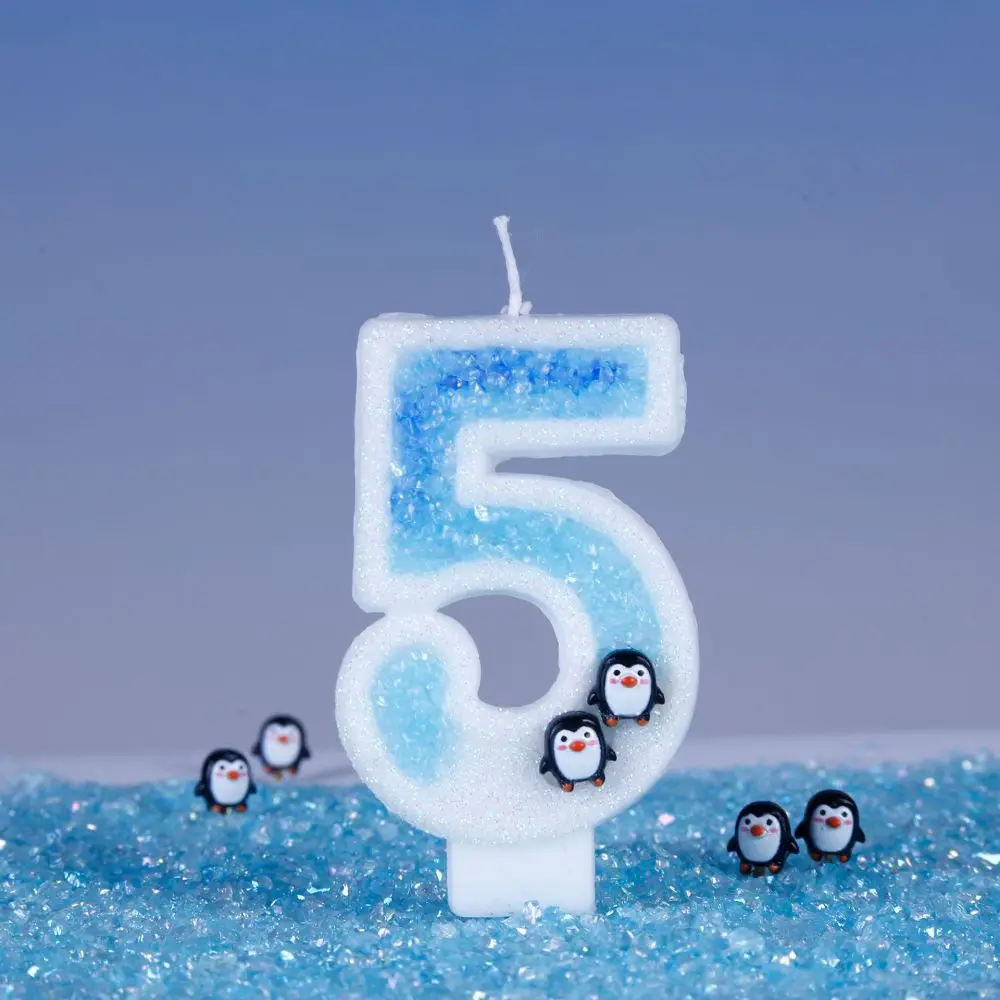 Blue Cake Decorative Digital Candles Cute Penguin Snowflakes Decors Birthday Party Supplies Kids Boy Toys Dessert Cupcake Candle