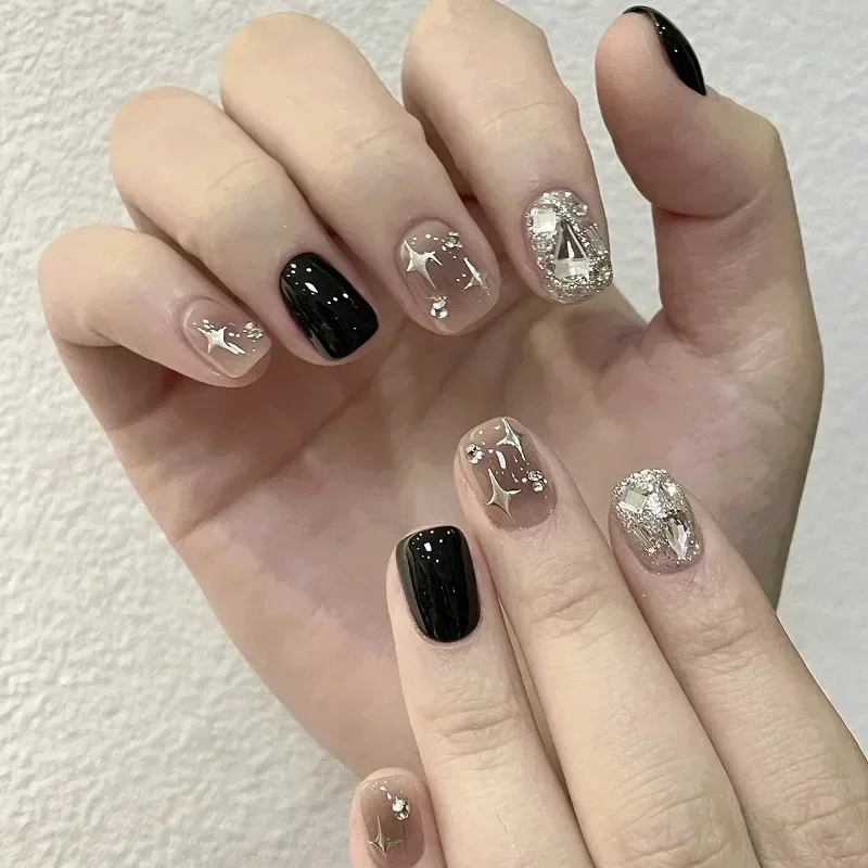 Uñas postizas hechas a mano con estrellas de diamante negro, 10 piezas, uñas postizas de presión corta con dijes, uñas postizas extraíbles con diseño de alta calidad