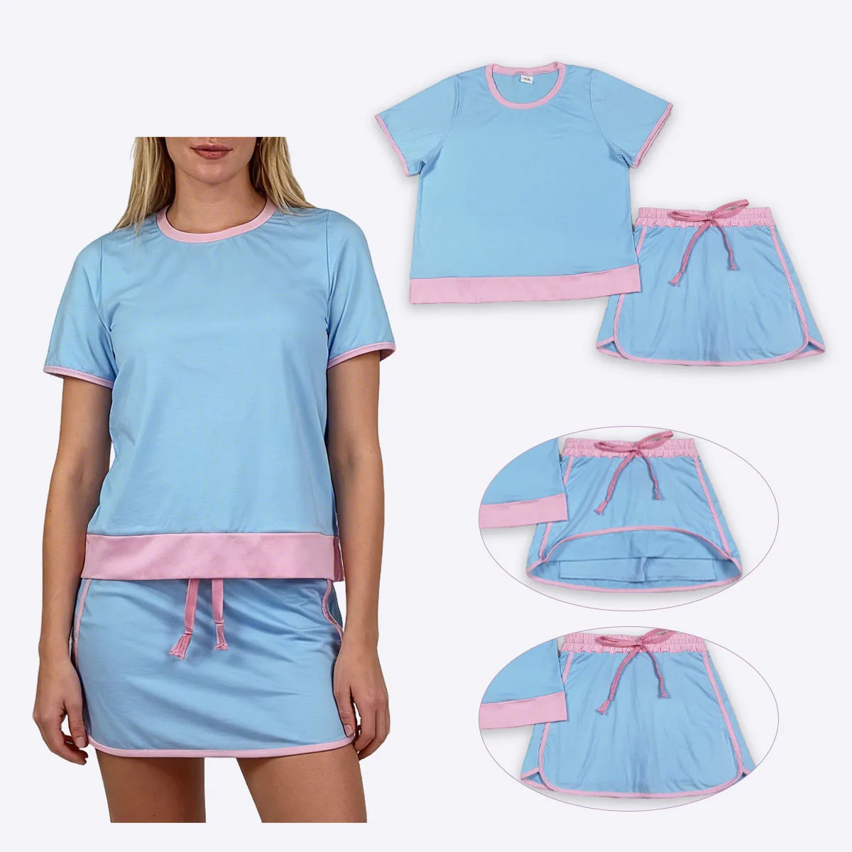 

Adult Women Blue Short Sleeve Top Girl Skirt Shorts Cotton Clothes Set Lady Nightclothes Sleepwear Sets Clothing Wholesale