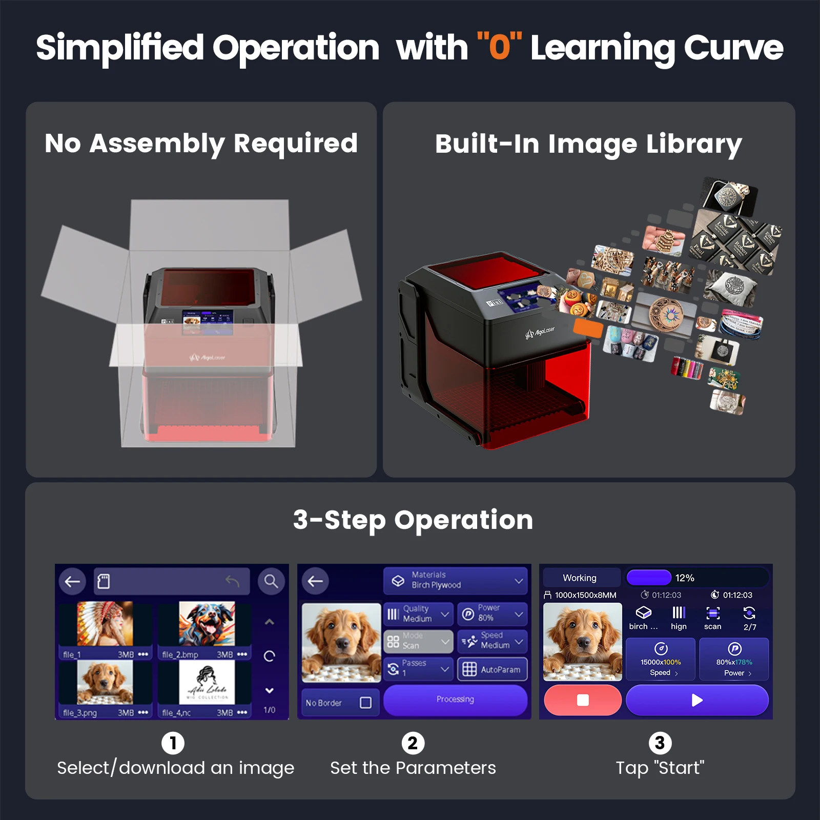 Алголазер Pixi 3 Вт 5 Вт 10 Вт Интеллектуальный гравировальный станок для рукописного ввода 100x100 мм Диапазон гравировки, сенсорный экран с синим светом с ЧПУ, DIY