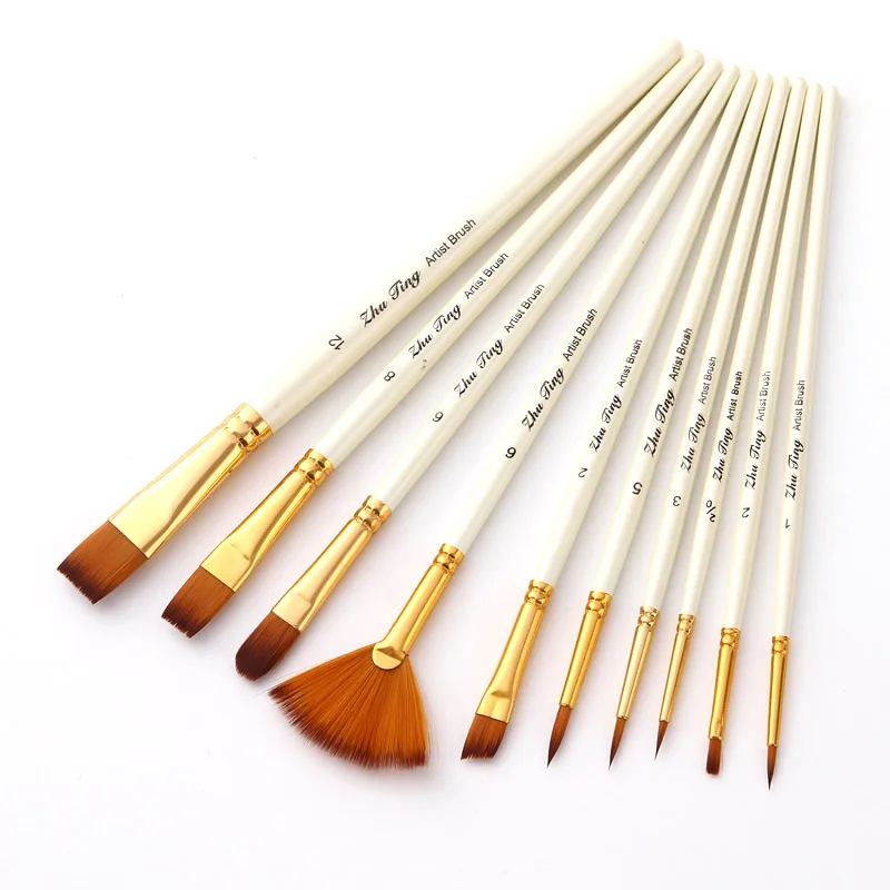 

10Pcs Paint Brushes Set with Fan Artist Brush Professional Nylon Tips Wooden for Acrylic Oil Watercolor Miniature Rock Painting