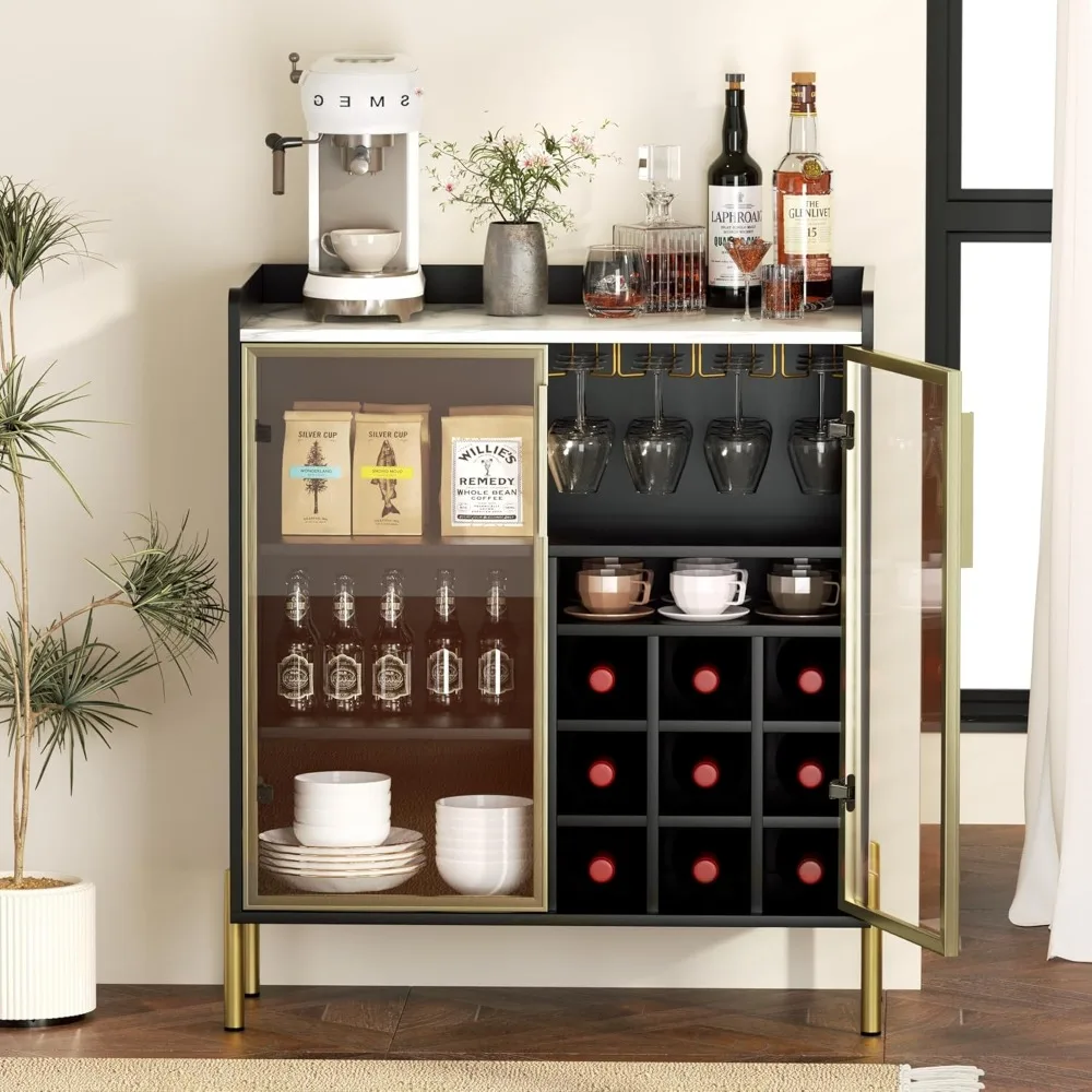 

Coffee Bar Cabinet with Aluminum Frame Glass Door, Black Wine Bar & Liquor Cabinet, Modern Black Sideboard Buffet Cabinet with S