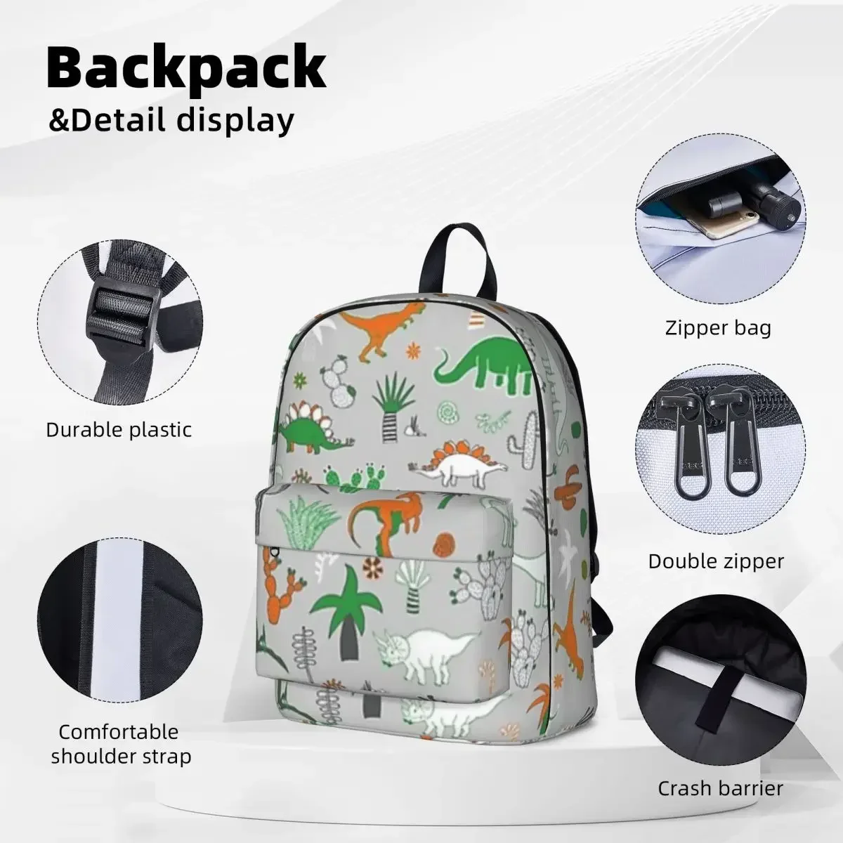 Dinosaur Desert - Green And Orange On Grey Backpacks Boys Bookbag Waterproof Students School Bags Portability Travel Rucksack