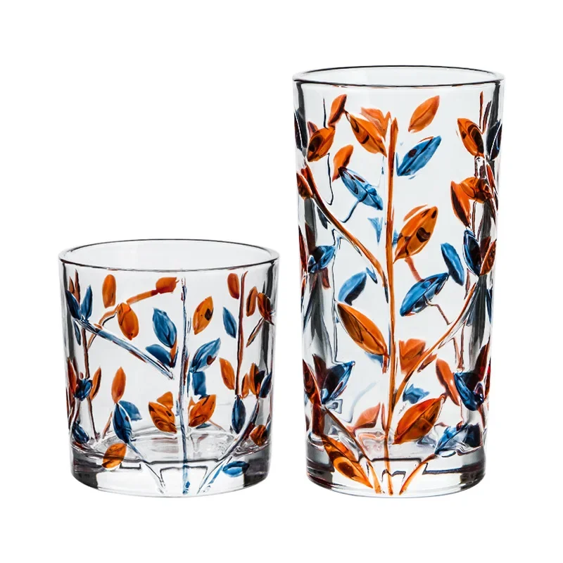 1pcs Creative Hand-painted Branches Crystal Glasses Carved Water Cups Ins Embossed Colored Leaf Cup Simple Juice Cups