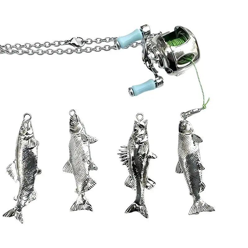 Mini-Angelrolle als Halskette mit drehbarem Griff und beweglicher Schnurführung, Spinnrolle als Schlüsselanhänger oder Rucksackanhänger für Angler – Detail 2