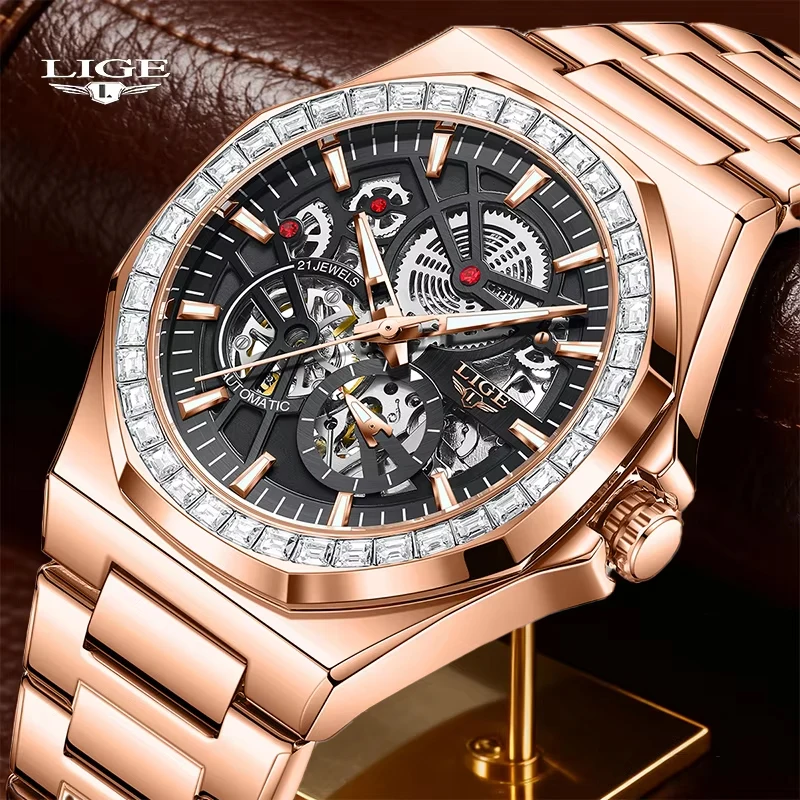 

LIGE Automatic Skeleton Mechanical Watch Brand Luxury Waterproof Luminous Dial Steel Strap Cock Watches for Mens Reloj Hombre