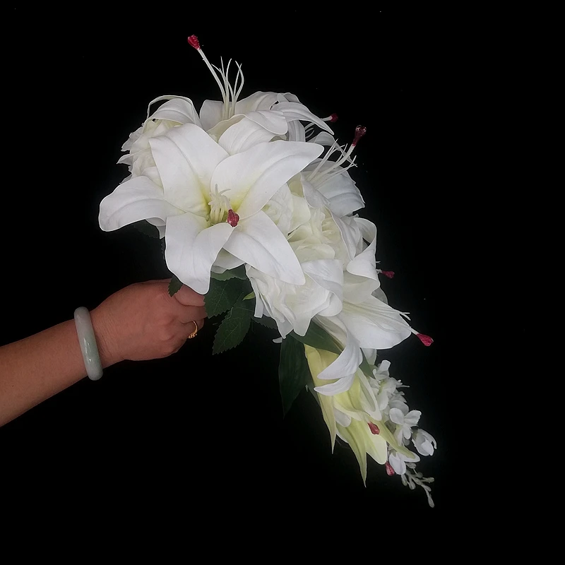 Whitney lírio branco com marfim rosa cascata grande bouquet de casamento flores artificiais para decoração de casamento programma casamento