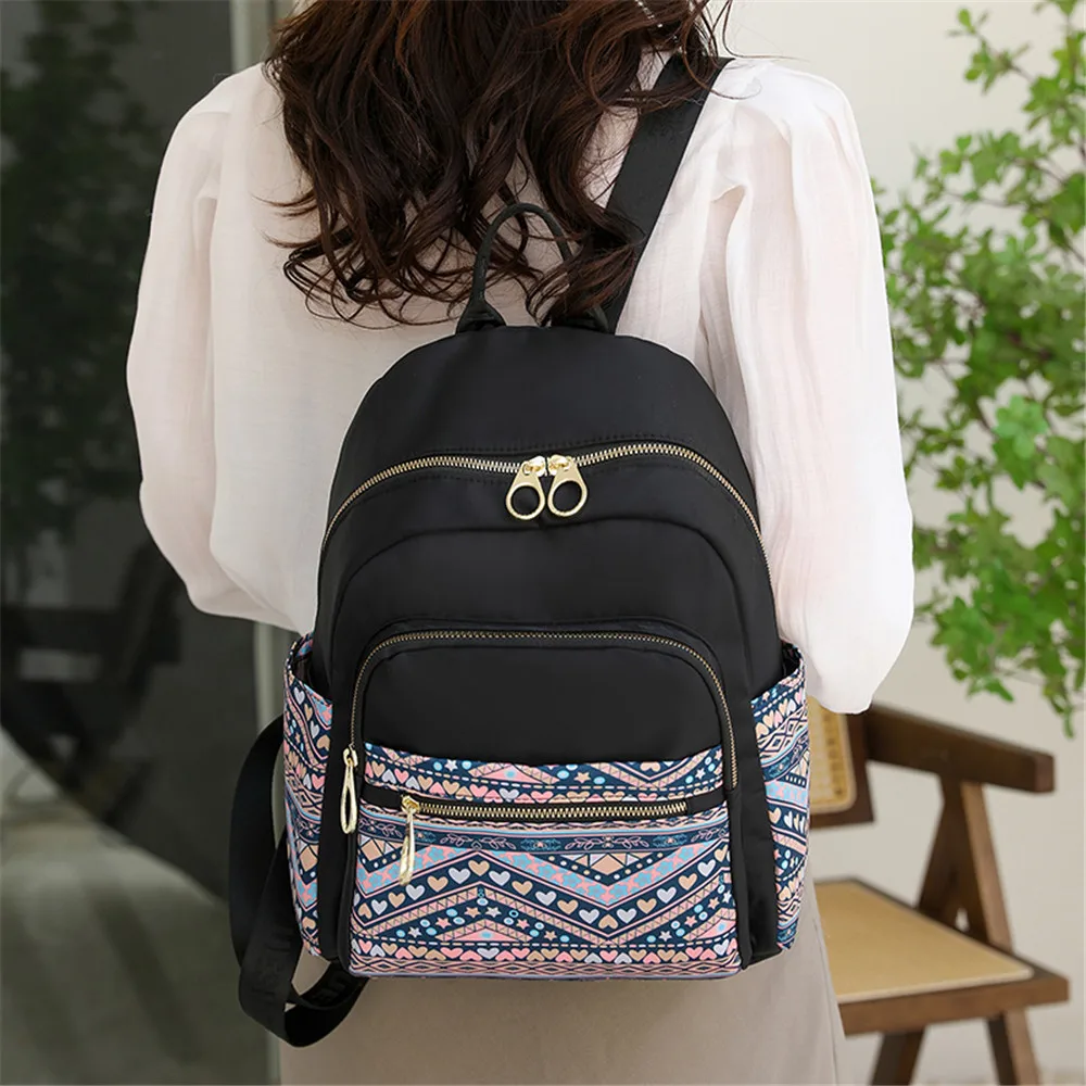 Female Fashion Lady Large Capacity Flower Print College Backpack Trendy Women Nylon Laptop School Bags Girls Travel Book Bag Sac