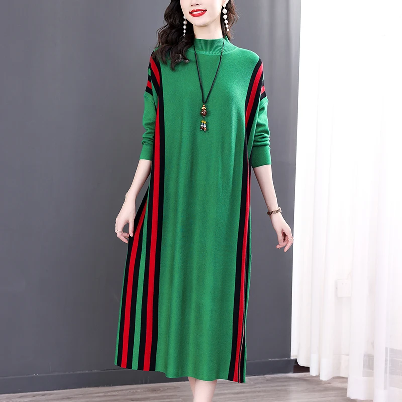 Winter Green Casual Knitted Sweater&Jumpers Autumn Elegant Vintage O-Neck Pullovers Women Bodycon Wool Sweater Midi Dresses