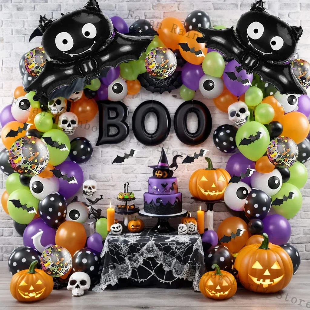 123 Uds. Kit de arco de guirnalda de globos de Halloween, globos de aluminio de murciélago, globo negro y naranja para calabaza, suministros de decoración para fiesta de Halloween