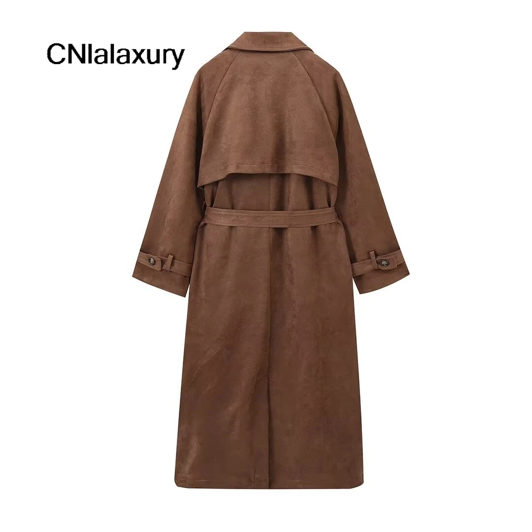 Elegant Suede Leather Chocolate Belt Long Coat Fashion Double Button Lapel Oversize Jacket Fashion New Autumn Street Windbreaker