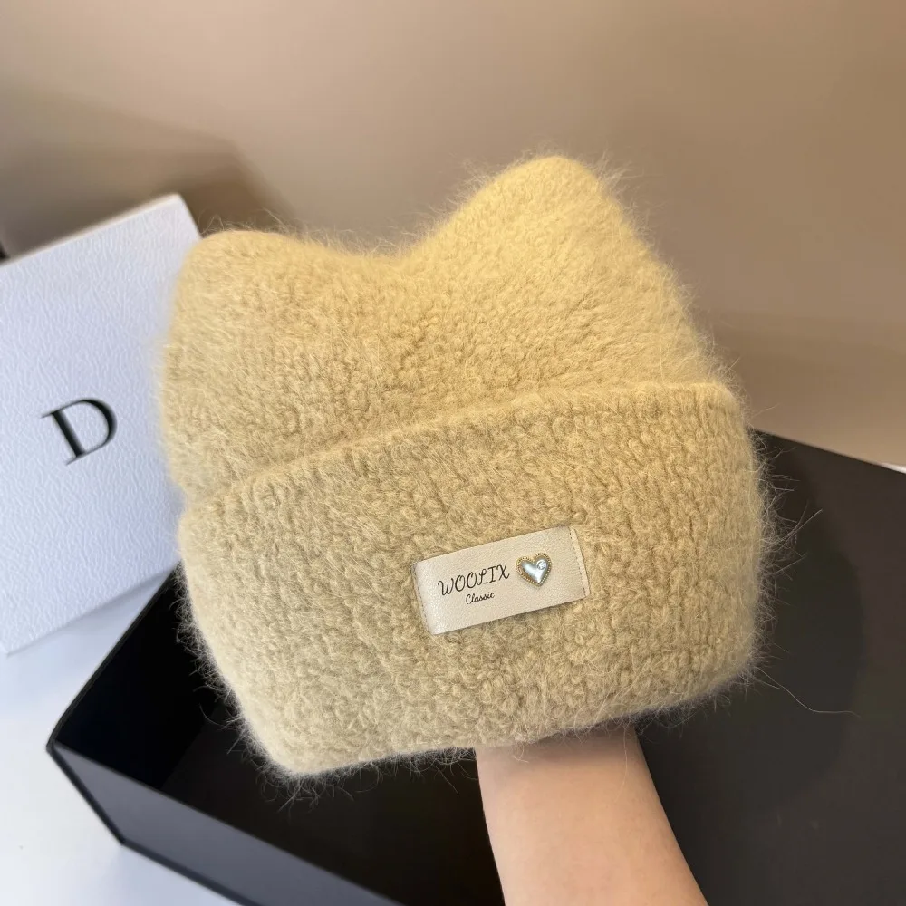 หมวกไหมพรมขนกระต่ายแองโกร่าสำหรับผู้หญิงฤดูหนาว กันหนาว อุ่น หูแมว น่ารัก ​