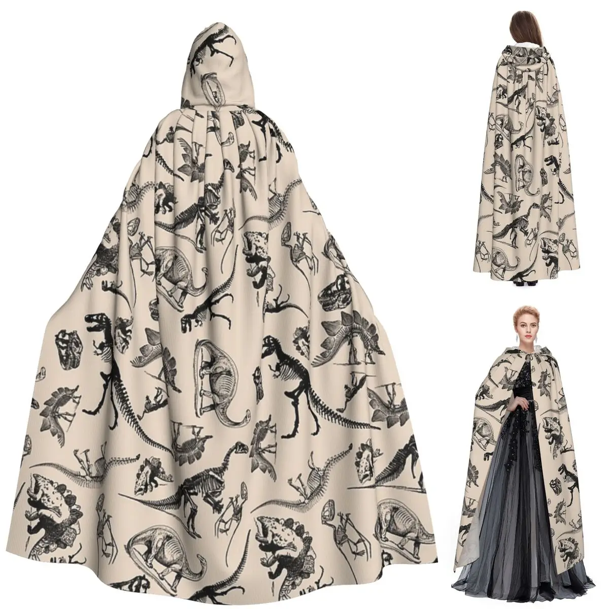 

Vintage Museum Dinosaurs And Skeletons Black And Cream Long Hooded Cloak Witch Medieval Costume Cosplay Cape HalloweenVampire