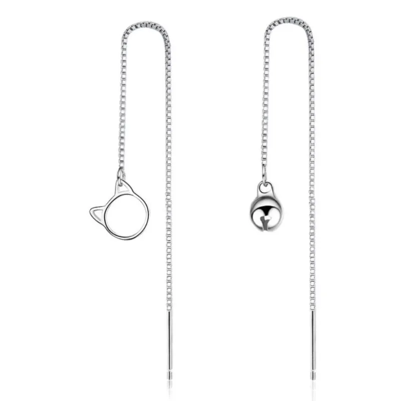 

Ear Line Exquisite Female 925 Sterling Silver Jewelry Asymmetry Cute Cat And Bell Personality Dangle Earrings XZE208
