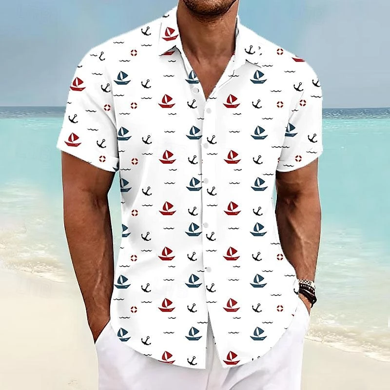 Simple Sailboat Anchor Pattern Hawaiian Shirts For Men Fashion Trend Lapel 3D Printed Beach Shirts Casual Oversize Vacation Tops