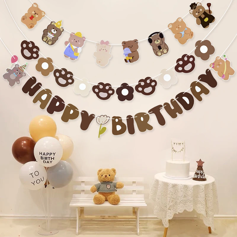 Bear Happy Birthday Banner Cute Paper Birthday Bunting Banner Hanging Garland For Kids Baby Shower 1st First Birthday Decoration