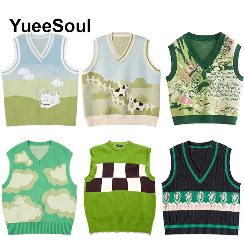 

Зеленый вязаный жилет без рукавов с принтом, пуловер большого размера, женский свитер, жилет, новинка 202, Y2K, винтажный трикотаж, женская осенняя одежда