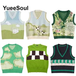 Pull en tricot vintage pour femme, pull en fibre imprimée, pull vert, vêtements d'automne, Y2K, nouveau, 2024