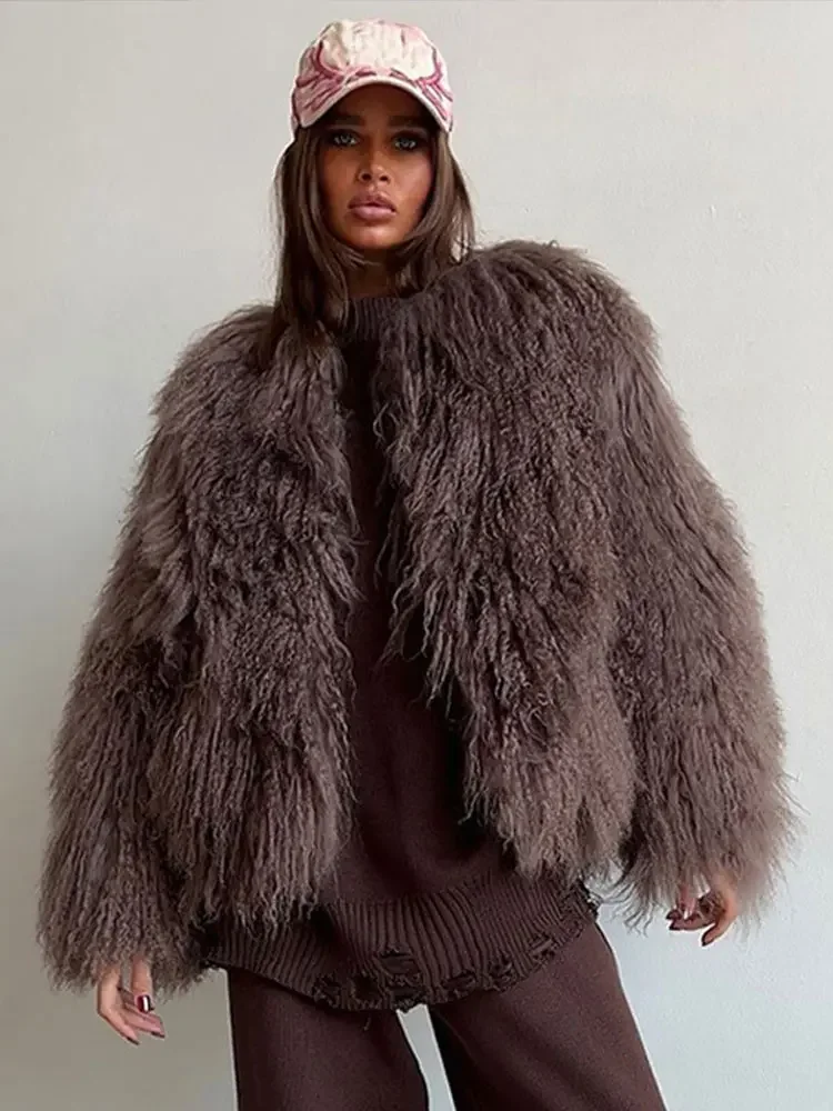 

Faux Curly Fur Coat Solid Color Round Neck Loose Fashion Luxury Artificial Fur Short Overcoat Warm Furry Jacket Women's Clothing
