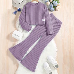 Girls Spring Autumn Clothes Sets Solid Color Long Sleeve Short Top And Boot-cut Elasticated Trousers Casual Style Daily Outfits