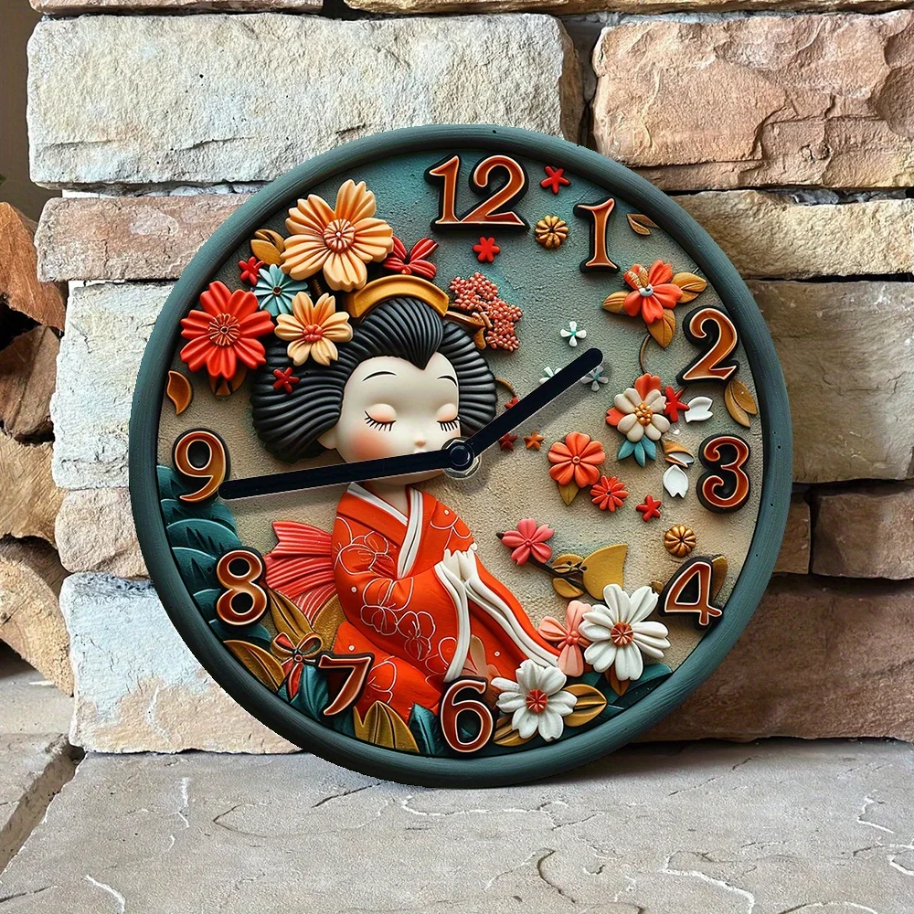 Japanese Kimono Themed DIY Wall Clock Kit with 2D Floral Art,Silent Movement,Craft Set for Home Decoration and Mother's Day Gift