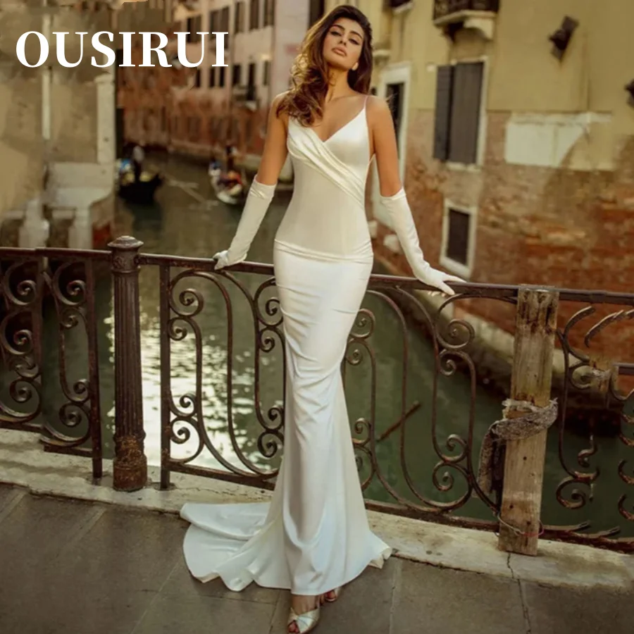 

OUSIRUI Satin Mermaid Wedding Gown For Bride Backless Simple Sexy Deep V Neck Wedding Dresses For Women 2024 Robe De Mariée