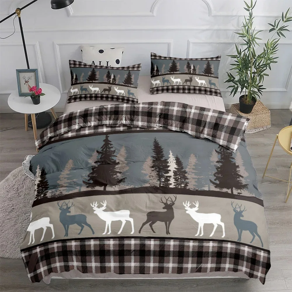 

Vintage Forest Stag Plaid Duvet Cover Set King Queen Double Full Twin Single Size Bed Linen Set