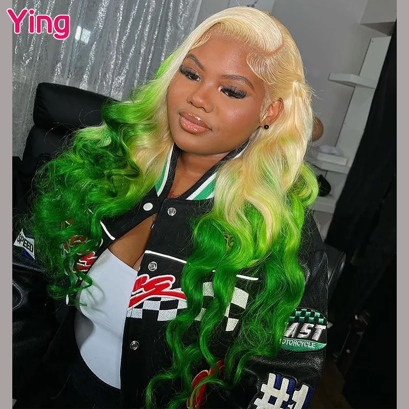 Ying Body Wave Half Green Omber Color 13x4 Lace Front Human Hair Peruki Peruvian Remy 613 Blonde 13x6 Lace Frontal Wig PrePlucked