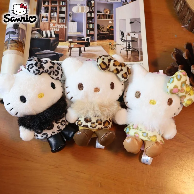 

Sanrio Hello Kitty Plush Keychain 50th Anniversary Black Skin Leopard Print Cute Bag Charm For Backpack Purse Decoration Girls