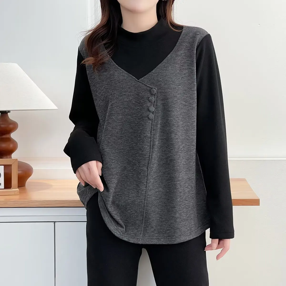 

XXXXL модная женская одежда больших размеров, футболка 2024, осень-зима, новый стиль, стильные топы из двух предметов с воротником-стойкой, 203