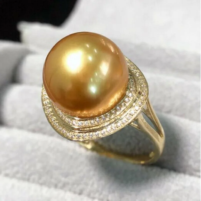 

AAAAA 11-12mm Authentic South China Sea Gold Round Pearl Ring 925S