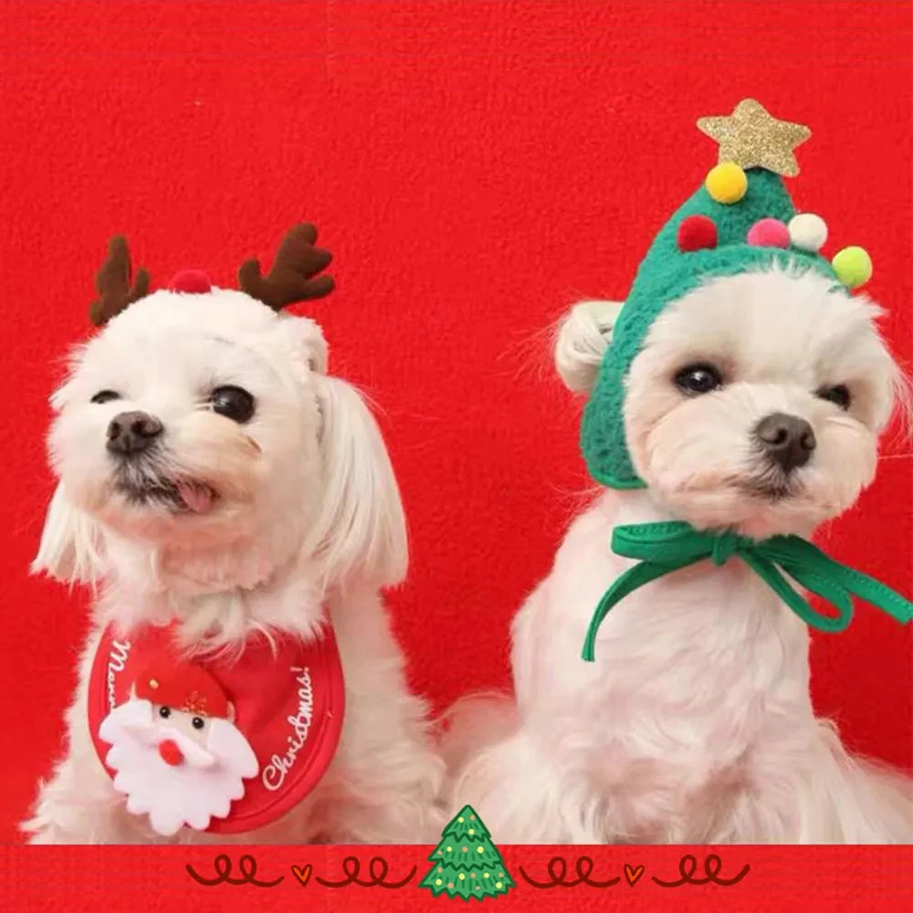 New Christmas Dog Cat Costume Xmas Cat Santa Elk Hat With Bandana Bib Scarf Set Cat Accessories Pet Holiday Dress Up Supplies
