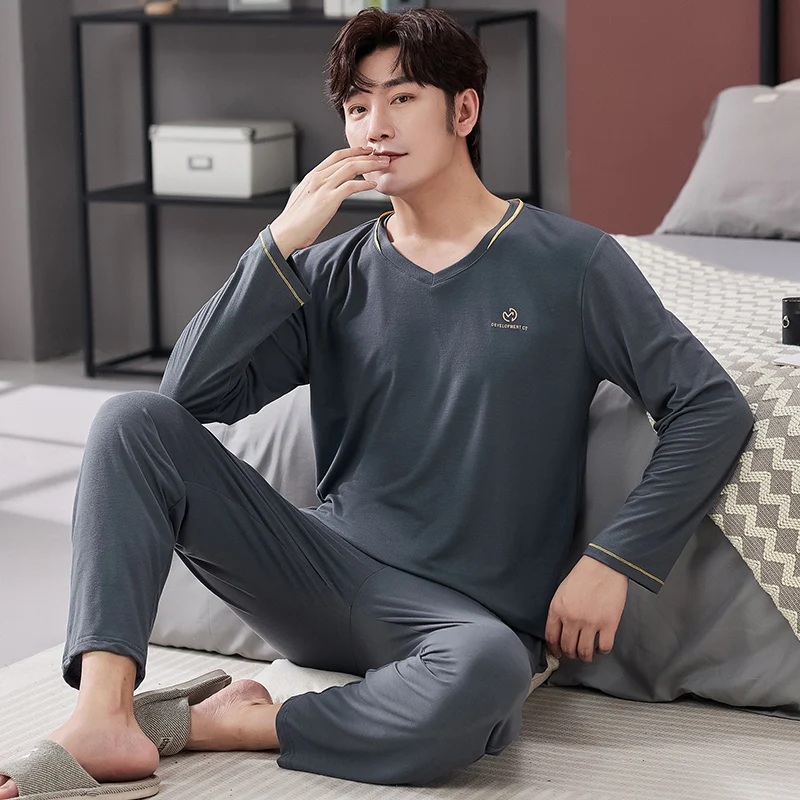 

Elegant Men Pajamas Set Autumn Winter Plus Size 2 Piece Sleepwear for Boy Modal O-Neck Mens Clothing Sets Gentleman Nightwear