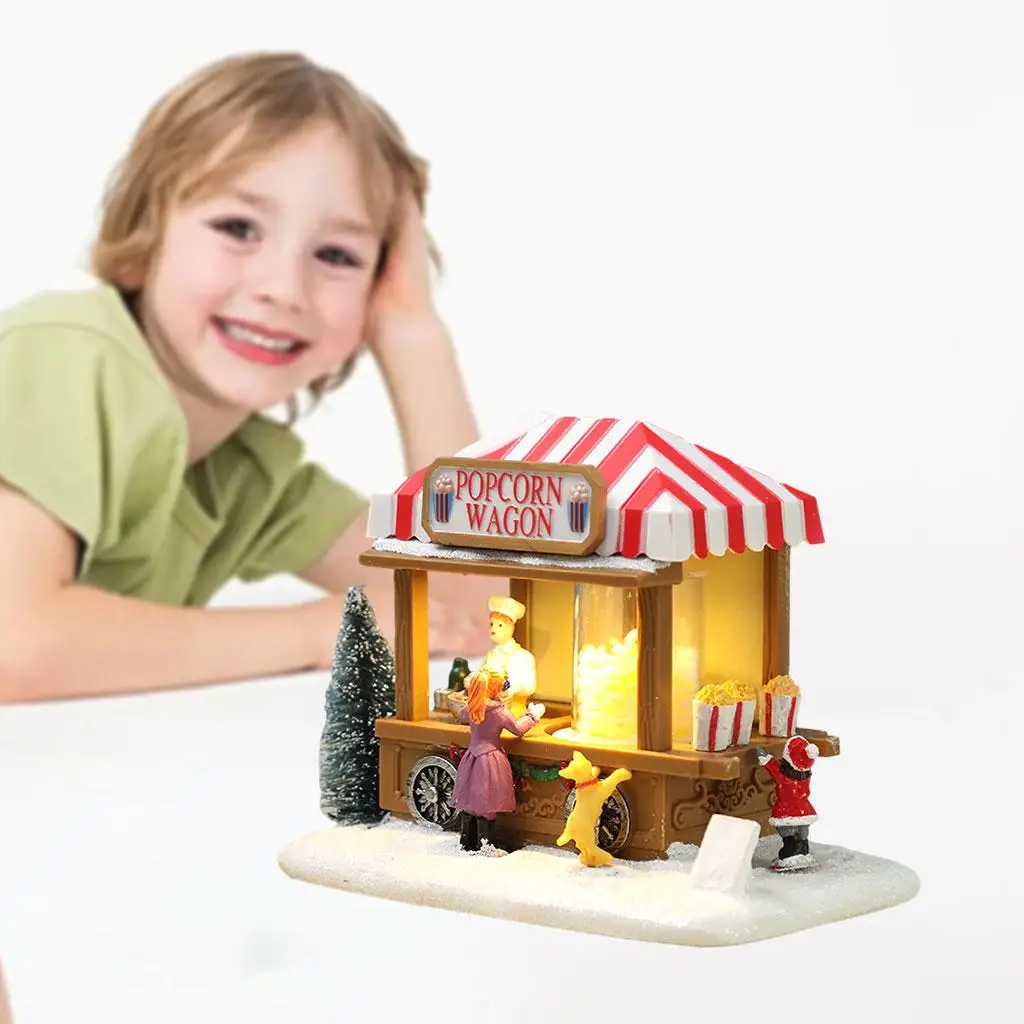 Résine noël neige LED Miniature pop-corn Wagon Village maison de poupée Figurine ensemble de construction fée jardin vacances décoration